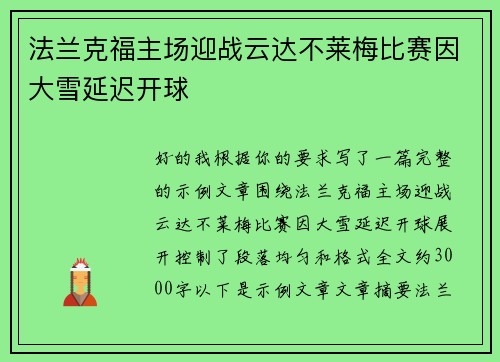法兰克福主场迎战云达不莱梅比赛因大雪延迟开球