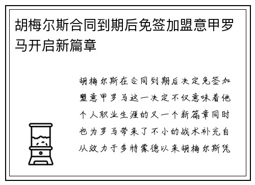 胡梅尔斯合同到期后免签加盟意甲罗马开启新篇章